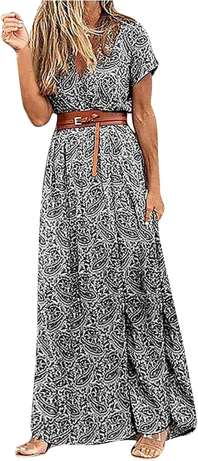 Women's 2025 Summer Boho Dresses Floral Short Sleeve Maxi Dress Sexy V Neck Swing Dress Slit Long Dresses Sundresses