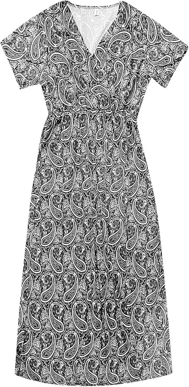 Women's 2025 Summer Boho Dresses Floral Short Sleeve Maxi Dress Sexy V Neck Swing Dress Slit Long Dresses Sundresses