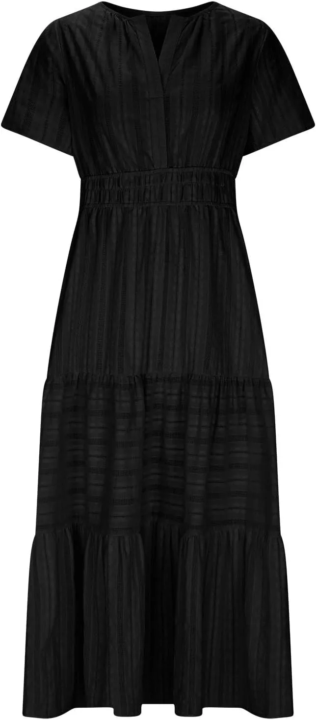 Women's 2025 Summer Short Sleeve V Neck Midi Dress Casual Loose Smocked Elastic Waist Boho Beach Swing Dresses