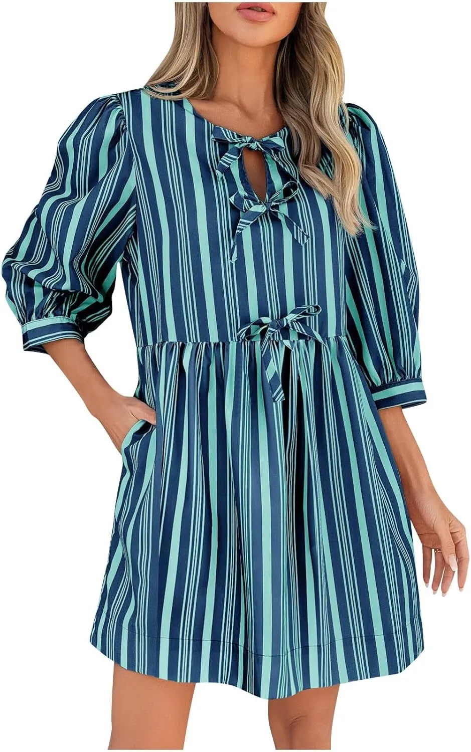 Womens 3/4 Sleeve Tie Front V Neck Midi Dress Flowy Swing Loose Fit Casual Vacation Dress Beach Sundress with Pocket