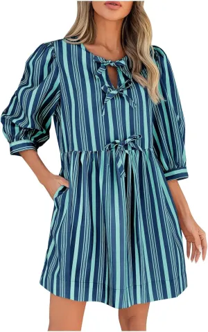Womens 3/4 Sleeve Tie Front V Neck Midi Dress Flowy Swing Loose Fit Casual Vacation Dress Beach Sundress with Pocket