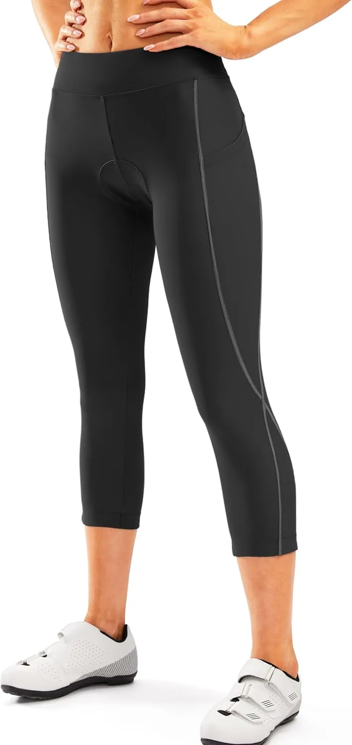 Women's 4D Padded Bike Pants High Waist Cycling Shorts Bicycle Capris 3/4 Biking Tights with Zipper Pockets