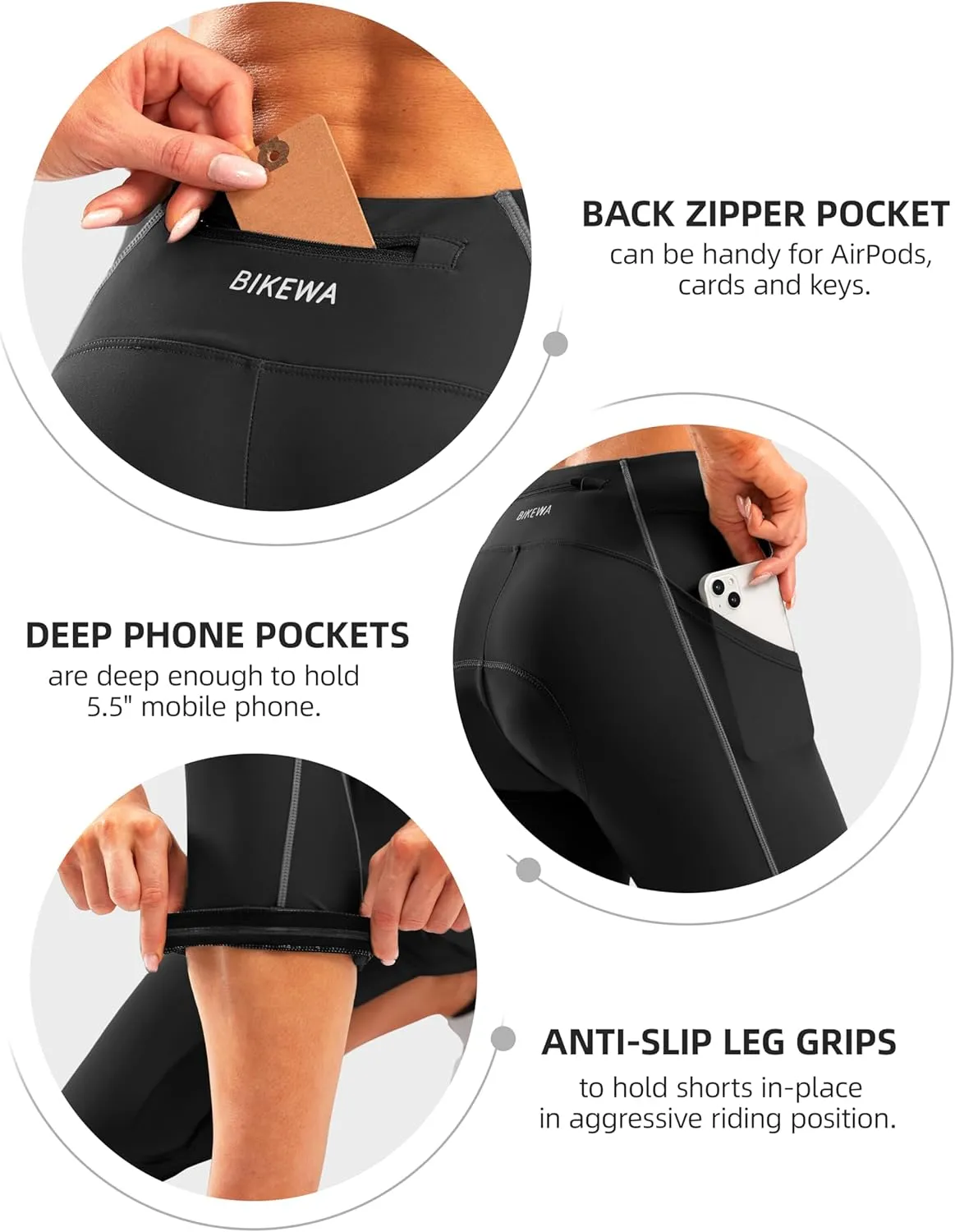 Women's 4D Padded Bike Pants High Waist Cycling Shorts Bicycle Capris 3/4 Biking Tights with Zipper Pockets