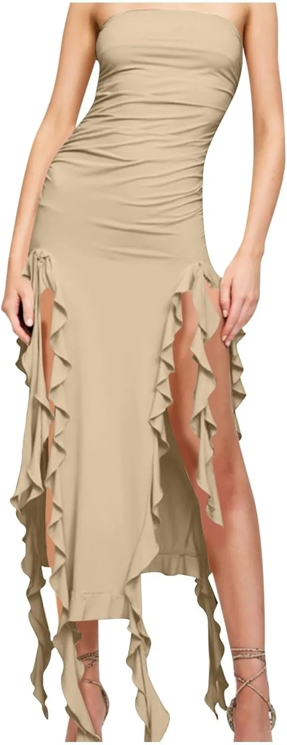 Women's Bodycon Tube Dress Sexy Strapless Y2K Ruffle Split Midi Dresses Irregular Hem Flowy Summer Party Sundress