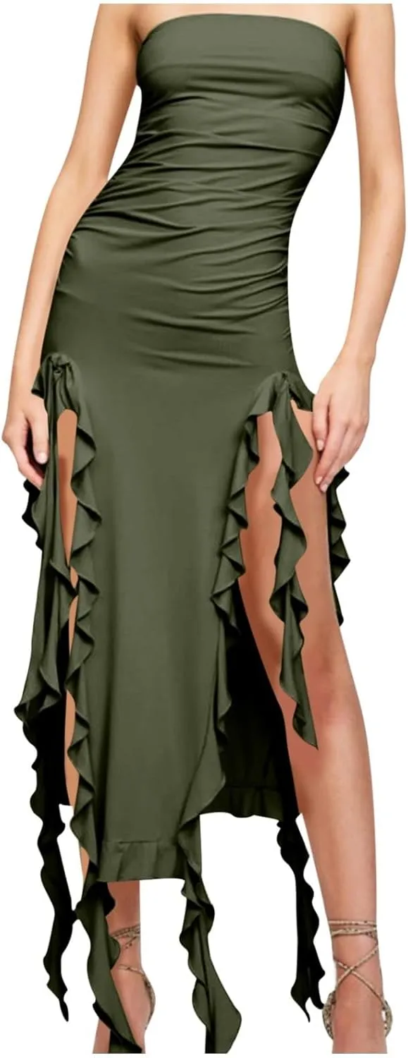Women's Bodycon Tube Dress Sexy Strapless Y2K Ruffle Split Midi Dresses Irregular Hem Flowy Summer Party Sundress