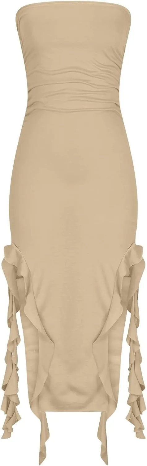 Women's Bodycon Tube Dress Sexy Strapless Y2K Ruffle Split Midi Dresses Irregular Hem Flowy Summer Party Sundress
