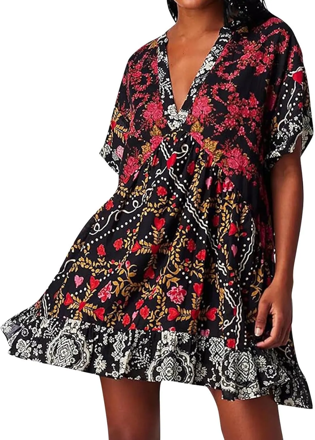 Womens Bohemian Babydoll Dress Casual Summer Floral Dresses Short Sleeve V Neck Sundress Flowy Ruffle Dress