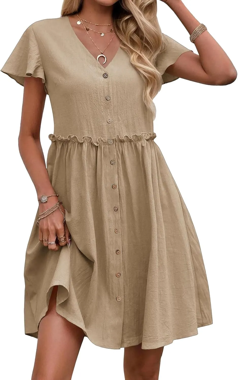 Womens Boho Dresses Ruffle Short Sleeve V Neck Mini Dresses Casual Button Up A Line Dress 2025 Summer Beach Dress