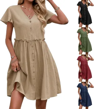 Womens Boho Dresses Ruffle Short Sleeve V Neck Mini Dresses Casual Button Up A Line Dress 2025 Summer Beach Dress