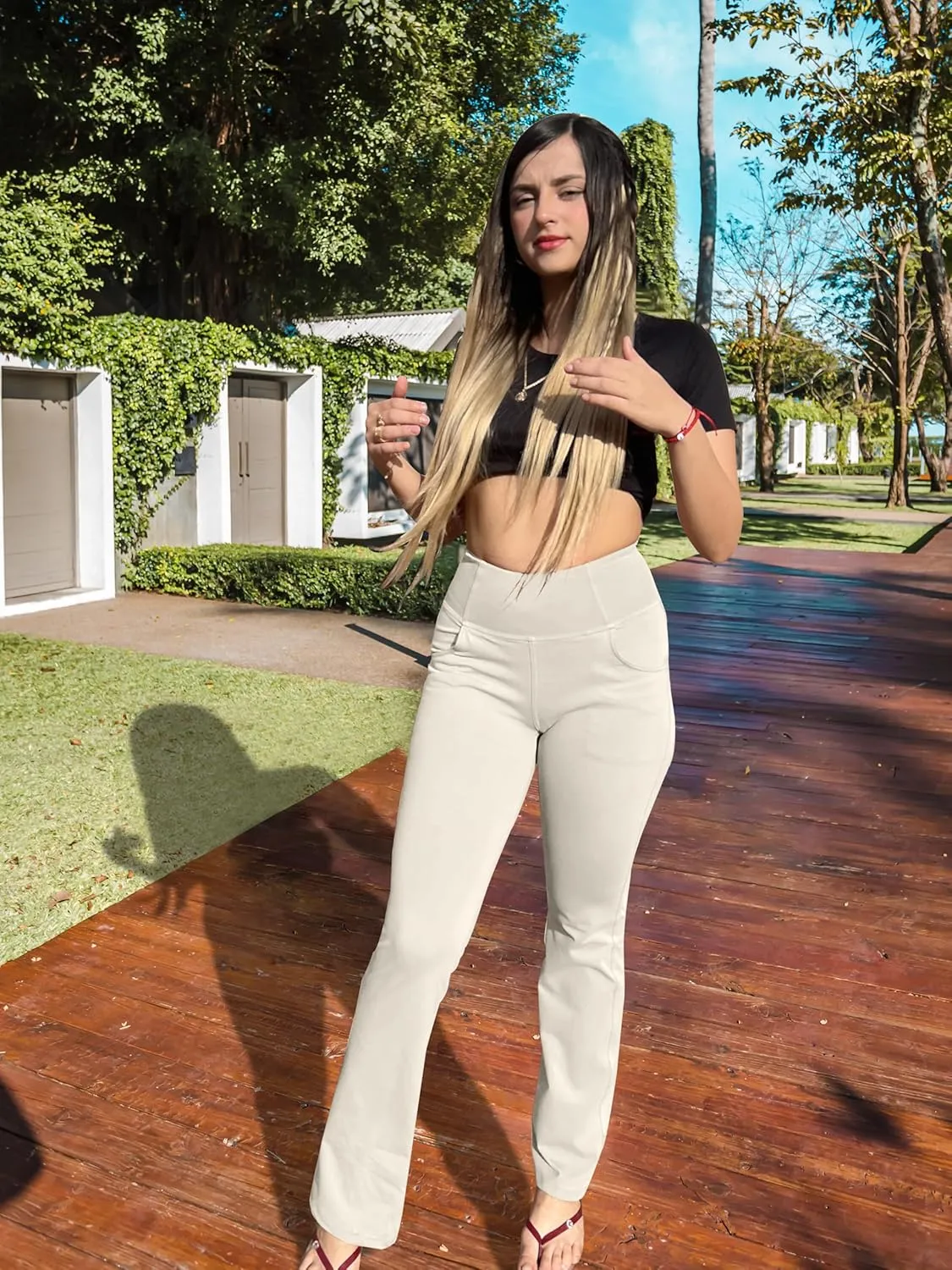 Women's Bootcut Yoga Pants, Wide Leg Leggings with Pockets High Waist Flare Dress Pants Petite/Regular/Tall