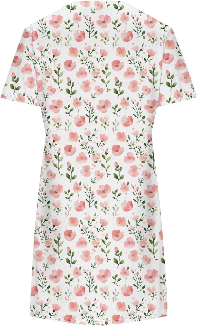 Women's Casual A-Line Dress Fashion Summer Beach Floral Short Sleeve Mini Dresses Pleated Flowy Tshirt Sundress