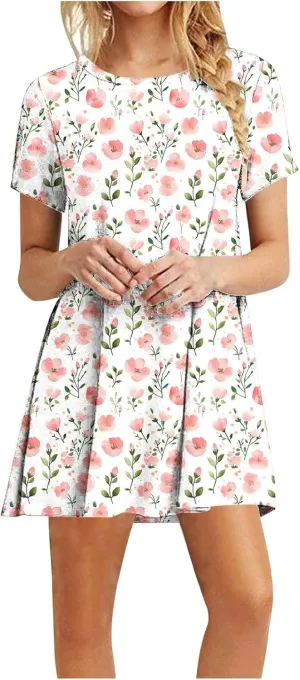 Women's Casual A-Line Dress Fashion Summer Beach Floral Short Sleeve Mini Dresses Pleated Flowy Tshirt Sundress