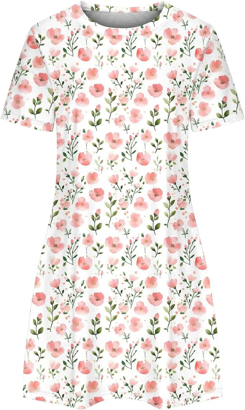 Women's Casual A-Line Dress Fashion Summer Beach Floral Short Sleeve Mini Dresses Pleated Flowy Tshirt Sundress