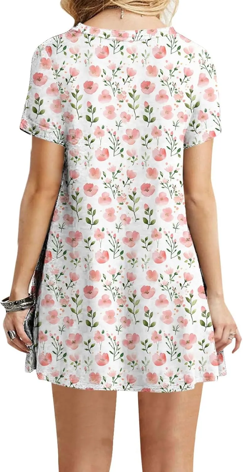 Women's Casual A-Line Dress Fashion Summer Beach Floral Short Sleeve Mini Dresses Pleated Flowy Tshirt Sundress