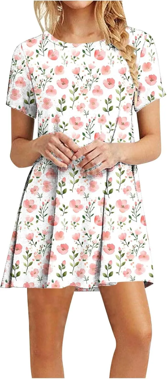 Women's Casual A-Line Dress Fashion Summer Beach Floral Short Sleeve Mini Dresses Pleated Flowy Tshirt Sundress