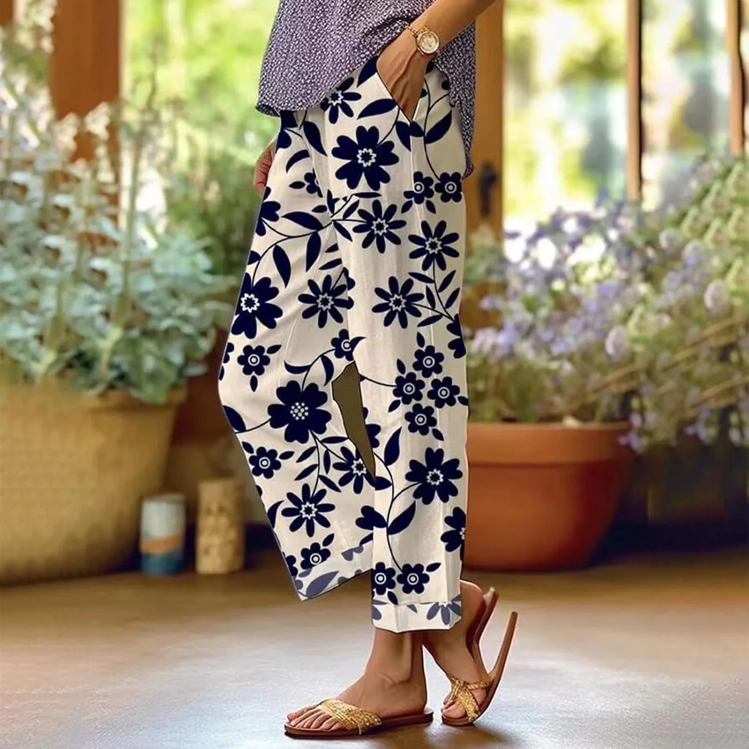 Women's Casual Boho Floral Design Cotton Linen Pant Elastic Waisted Drawstring Summer Beach Baggy Capri with Pockets