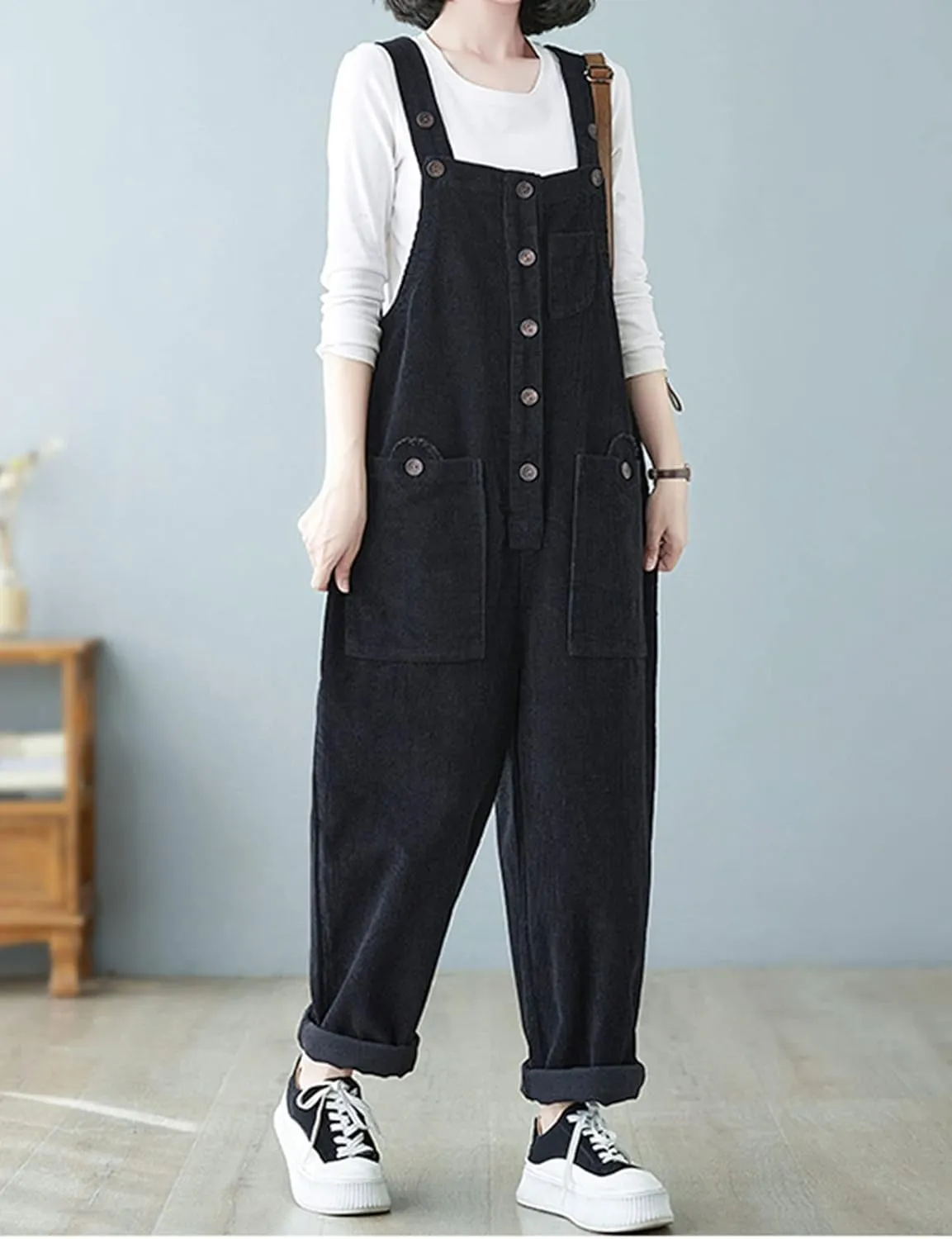 Womens Casual Corduroy Pockets Bib Overalls Jumpsuits Wide Leg Harem Pants Casual Rompers