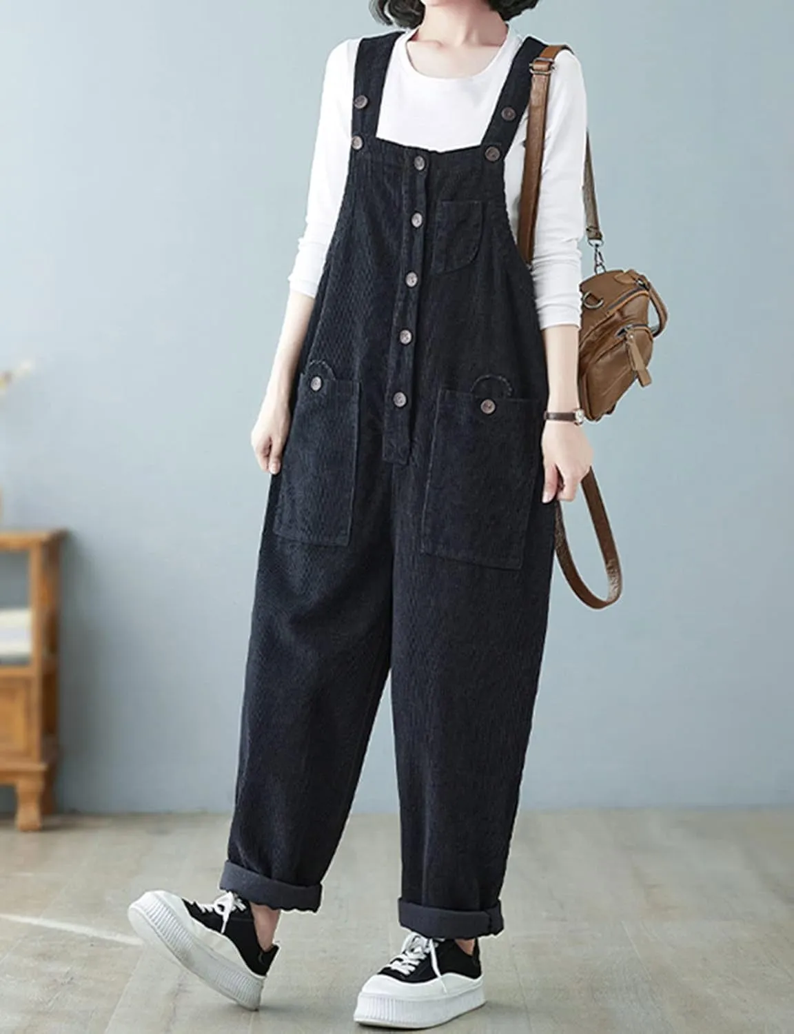Womens Casual Corduroy Pockets Bib Overalls Jumpsuits Wide Leg Harem Pants Casual Rompers