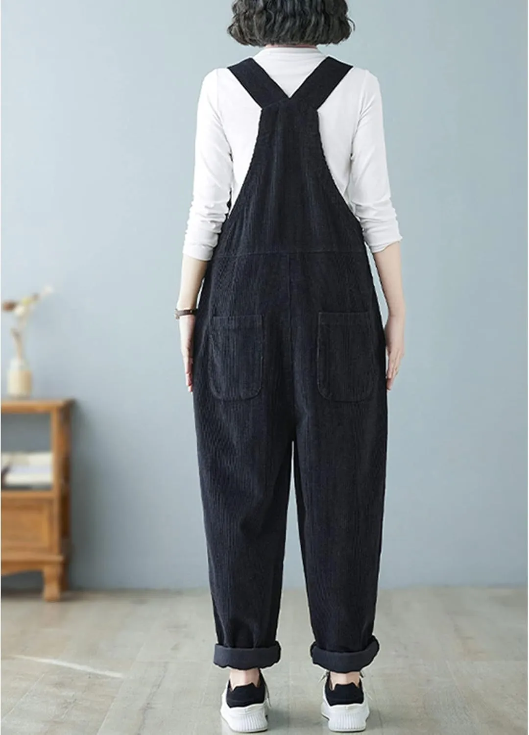 Womens Casual Corduroy Pockets Bib Overalls Jumpsuits Wide Leg Harem Pants Casual Rompers