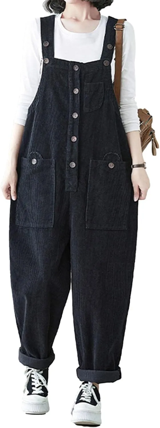 Womens Casual Corduroy Pockets Bib Overalls Jumpsuits Wide Leg Harem Pants Casual Rompers