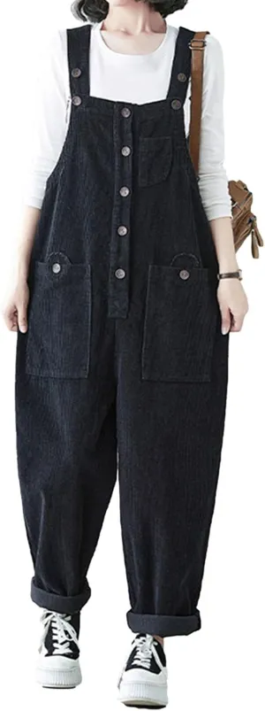 Womens Casual Corduroy Pockets Bib Overalls Jumpsuits Wide Leg Harem Pants Casual Rompers