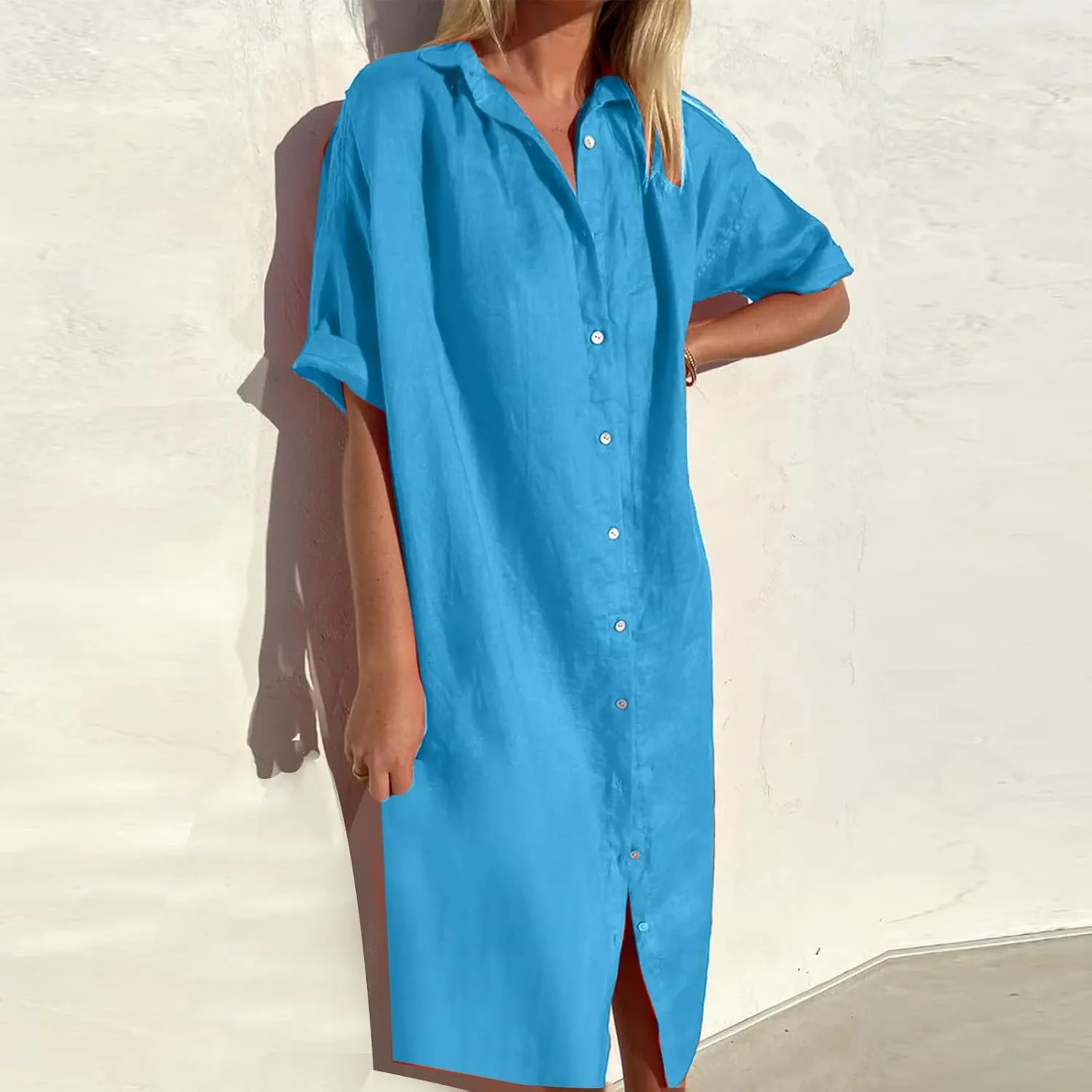 Women's Casual Cotton Linen Shirt Dress Button Down Short Sleeve Lapel V Neck Summer Loose Fit Beach Midi Dresses