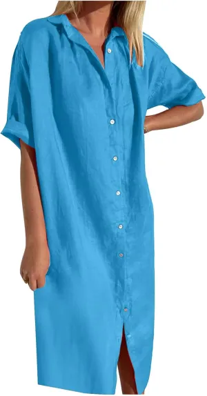 Women's Casual Cotton Linen Shirt Dress Button Down Short Sleeve Lapel V Neck Summer Loose Fit Beach Midi Dresses