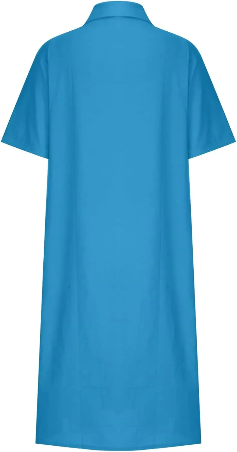 Women's Casual Cotton Linen Shirt Dress Button Down Short Sleeve Lapel V Neck Summer Loose Fit Beach Midi Dresses