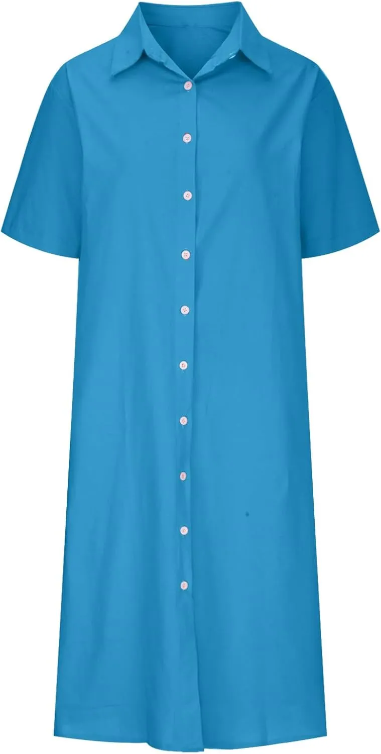 Women's Casual Cotton Linen Shirt Dress Button Down Short Sleeve Lapel V Neck Summer Loose Fit Beach Midi Dresses