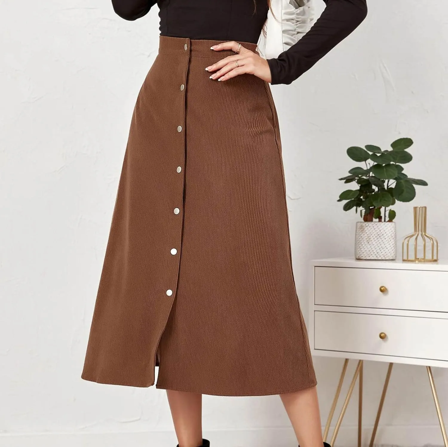 Womens Corduroy Midi Skirts Button Up High Waist A-Line Basic Solid Color Business Casual Slim Fit Winter Skirts