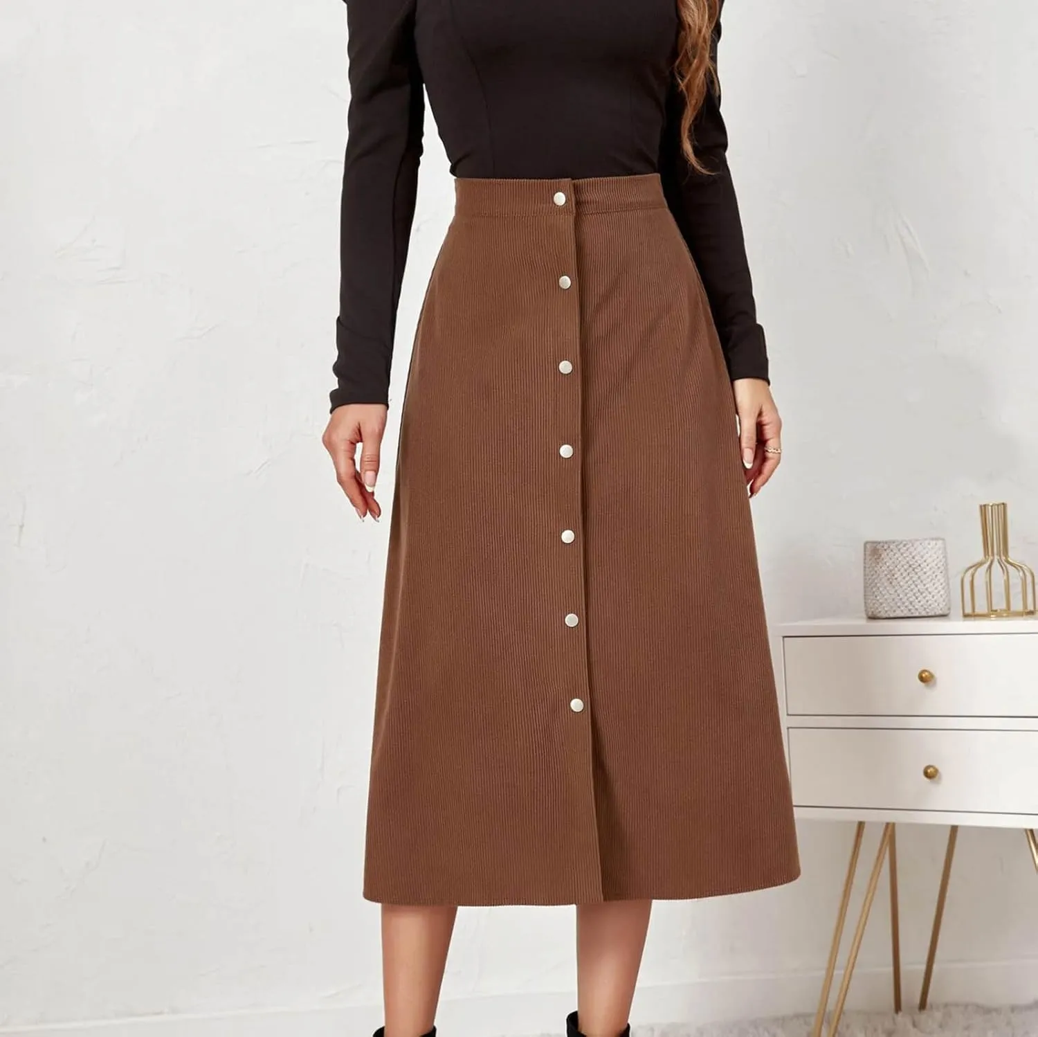 Womens Corduroy Midi Skirts Button Up High Waist A-Line Basic Solid Color Business Casual Slim Fit Winter Skirts
