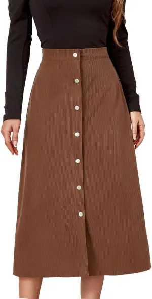 Womens Corduroy Midi Skirts Button Up High Waist A-Line Basic Solid Color Business Casual Slim Fit Winter Skirts