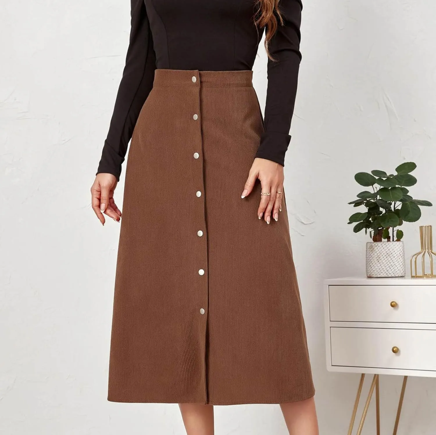 Womens Corduroy Midi Skirts Button Up High Waist A-Line Basic Solid Color Business Casual Slim Fit Winter Skirts