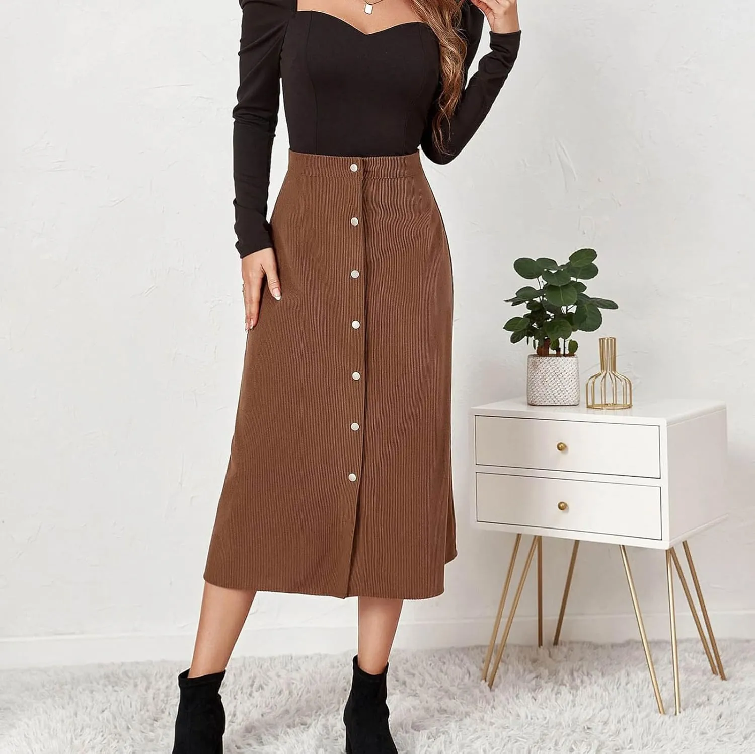 Womens Corduroy Midi Skirts Button Up High Waist A-Line Basic Solid Color Business Casual Slim Fit Winter Skirts