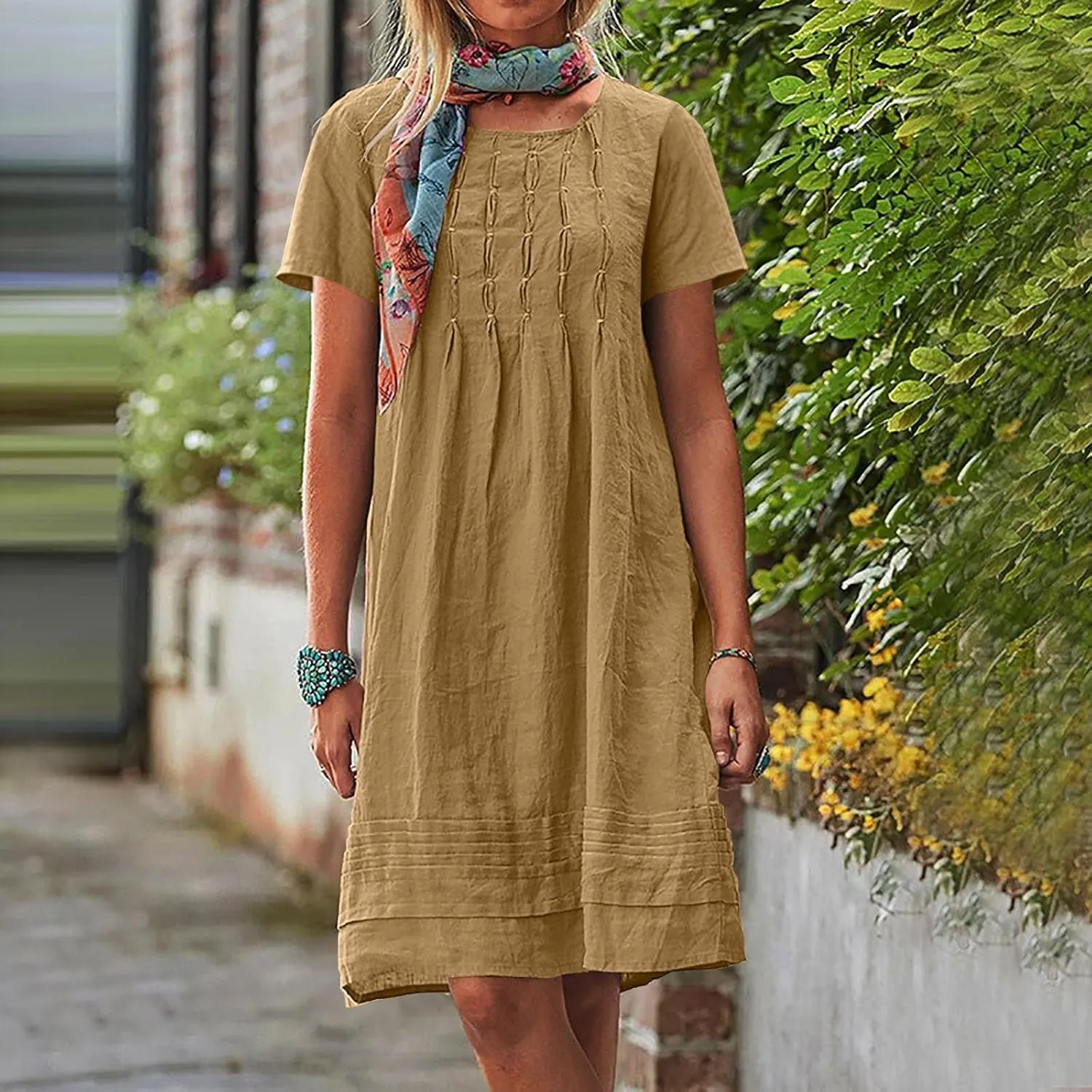 Women's Cotton Linen Midi Dress Plus Size Cap Sleeve Pleated Summer Dresses Vacation 2025 Crew Neck Casual Sundress Fashion