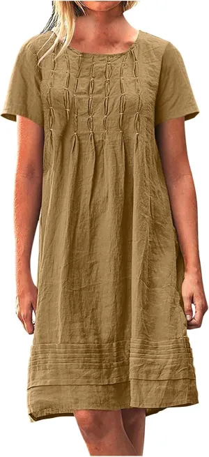 Women's Cotton Linen Midi Dress Plus Size Cap Sleeve Pleated Summer Dresses Vacation 2025 Crew Neck Casual Sundress Fashion