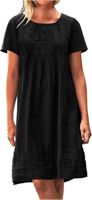 Women's Cotton Linen Midi Dress Plus Size Cap Sleeve Pleated Summer Dresses Vacation 2025 Crew Neck Casual Sundress Fashion