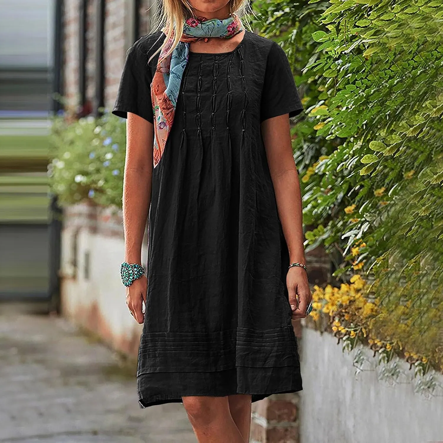 Women's Cotton Linen Midi Dress Plus Size Cap Sleeve Pleated Summer Dresses Vacation 2025 Crew Neck Casual Sundress Fashion