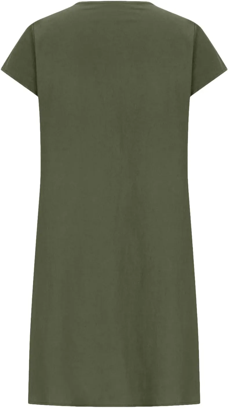 Women's Cotton Linen Midi Dress Plus Size Cap Sleeve Pleated Summer Vacation 2025 Crew Neck Casual Dresses