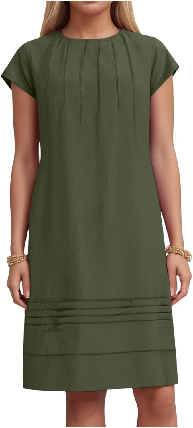 Women's Cotton Linen Midi Dress Plus Size Cap Sleeve Pleated Summer Vacation 2025 Crew Neck Casual Dresses