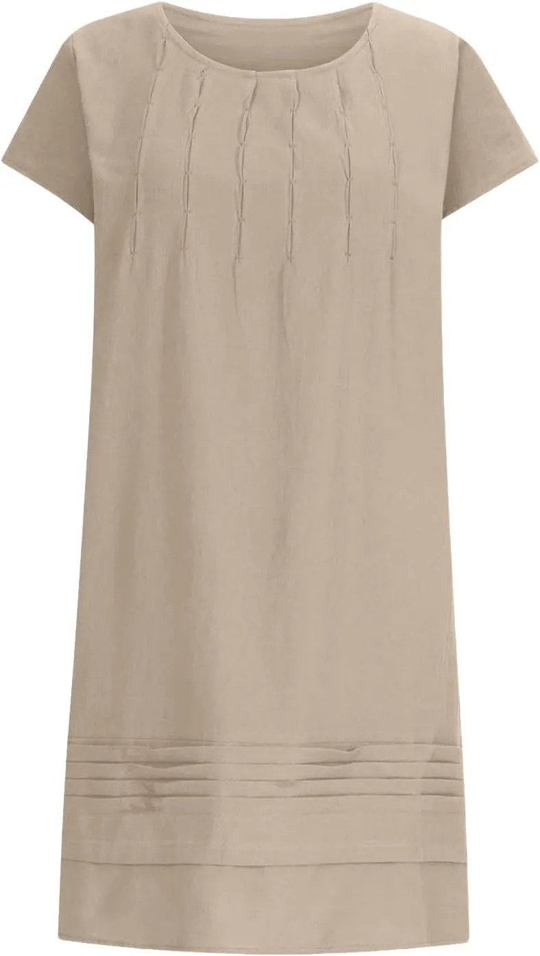 Women's Cotton Linen Midi Dress Plus Size Cap Sleeve Pleated Summer Vacation 2025 Crew Neck Casual Dresses
