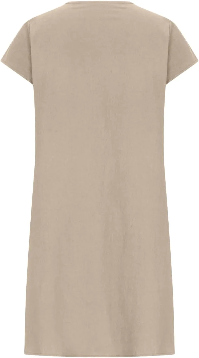 Women's Cotton Linen Midi Dress Plus Size Cap Sleeve Pleated Summer Vacation 2025 Crew Neck Casual Dresses