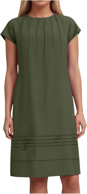 Women's Cotton Linen Midi Dress Plus Size Cap Sleeve Pleated Summer Vacation 2025 Crew Neck Casual Dresses