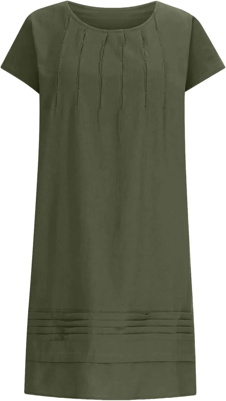 Women's Cotton Linen Midi Dress Plus Size Cap Sleeve Pleated Summer Vacation 2025 Crew Neck Casual Dresses