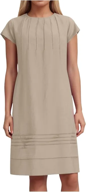 Women's Cotton Linen Midi Dress Plus Size Cap Sleeve Pleated Summer Vacation 2025 Crew Neck Casual Dresses