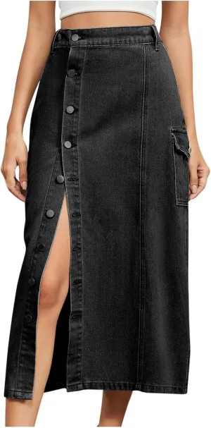 Women's Denim Skirts with Pocket High Waist Button Down Pencil Skirts Fashion Solid Color Mid-Length Jean Skirt