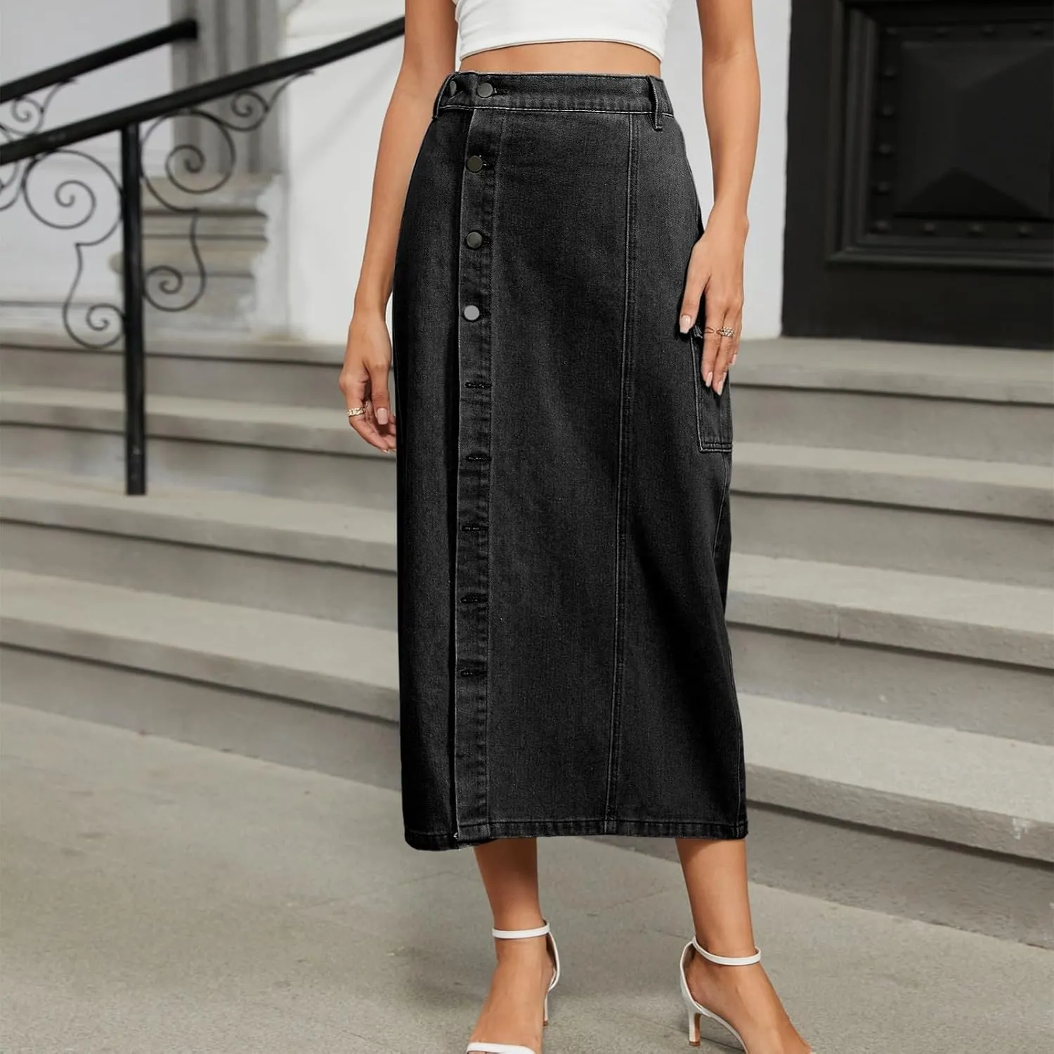 Women's Denim Skirts with Pocket High Waist Button Down Pencil Skirts Fashion Solid Color Mid-Length Jean Skirt