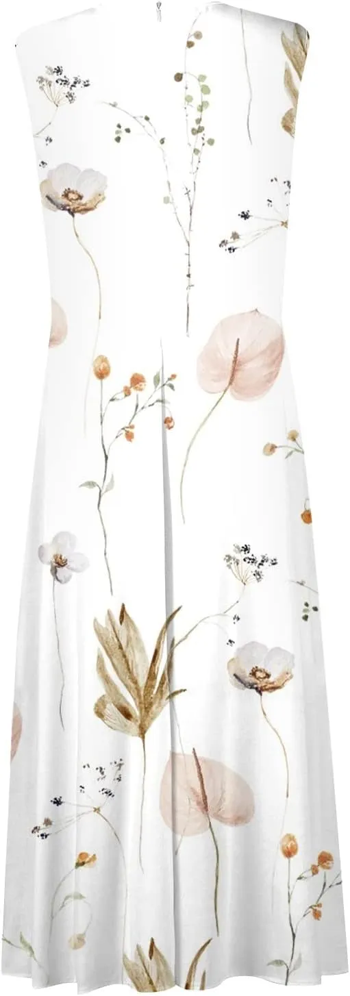 Womens Dresses Flowy Ruched Sleeveless Boho Dress Wrap V Neck Floral Print Beach Dresses Elegant Sundresses