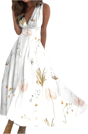 Womens Dresses Flowy Ruched Sleeveless Boho Dress Wrap V Neck Floral Print Beach Dresses Elegant Sundresses