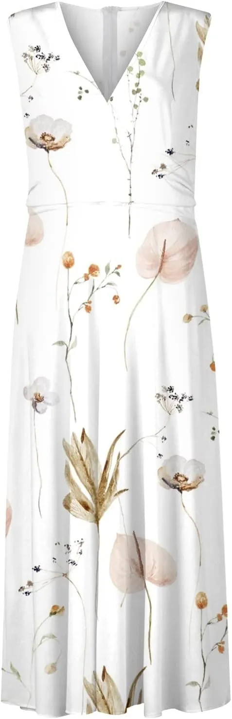 Womens Dresses Flowy Ruched Sleeveless Boho Dress Wrap V Neck Floral Print Beach Dresses Elegant Sundresses